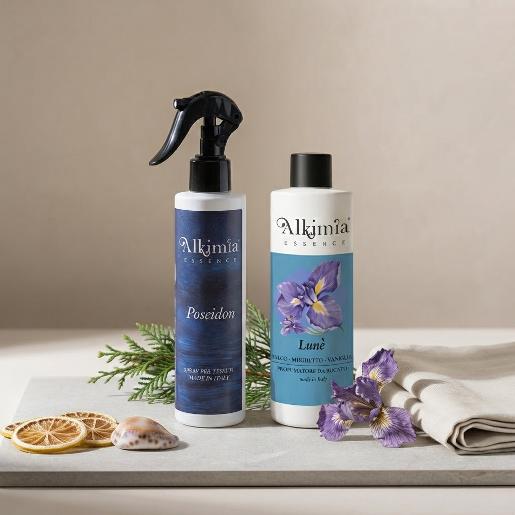 Una fotografia raffinata che presenta due prodotti Alkimia Essence su una lastra di pietra grigia. A sinistra, il flacone spray da 300 ml 'Poseidon' con etichetta blu scuro. A destra, la bottiglia da 200 ml 'Lune' con etichetta azzurro-viola raffigurante un iris. La composizione è minimalista, arricchita da pochi elementi naturali come una piccola conchiglia e un panno di lino, su un fondo neutro.