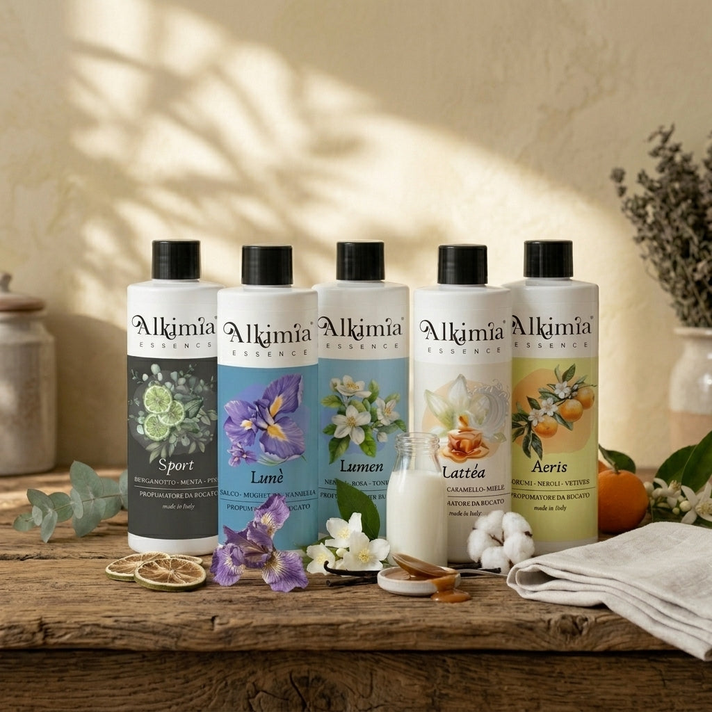 Kit Collezione Completa profumatori per bucato Alkimia Essence con flaconi Sport, Lunè, Lumen, Lattéa ed Aeris affiancati dagli ingredienti naturali.